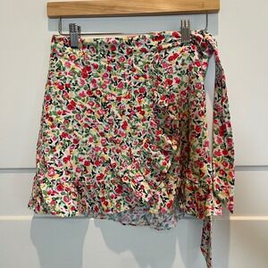 Urban Outfitters Floral Ruffle Mini Wrap Skirt Womens Size Small Pink Red Garden
